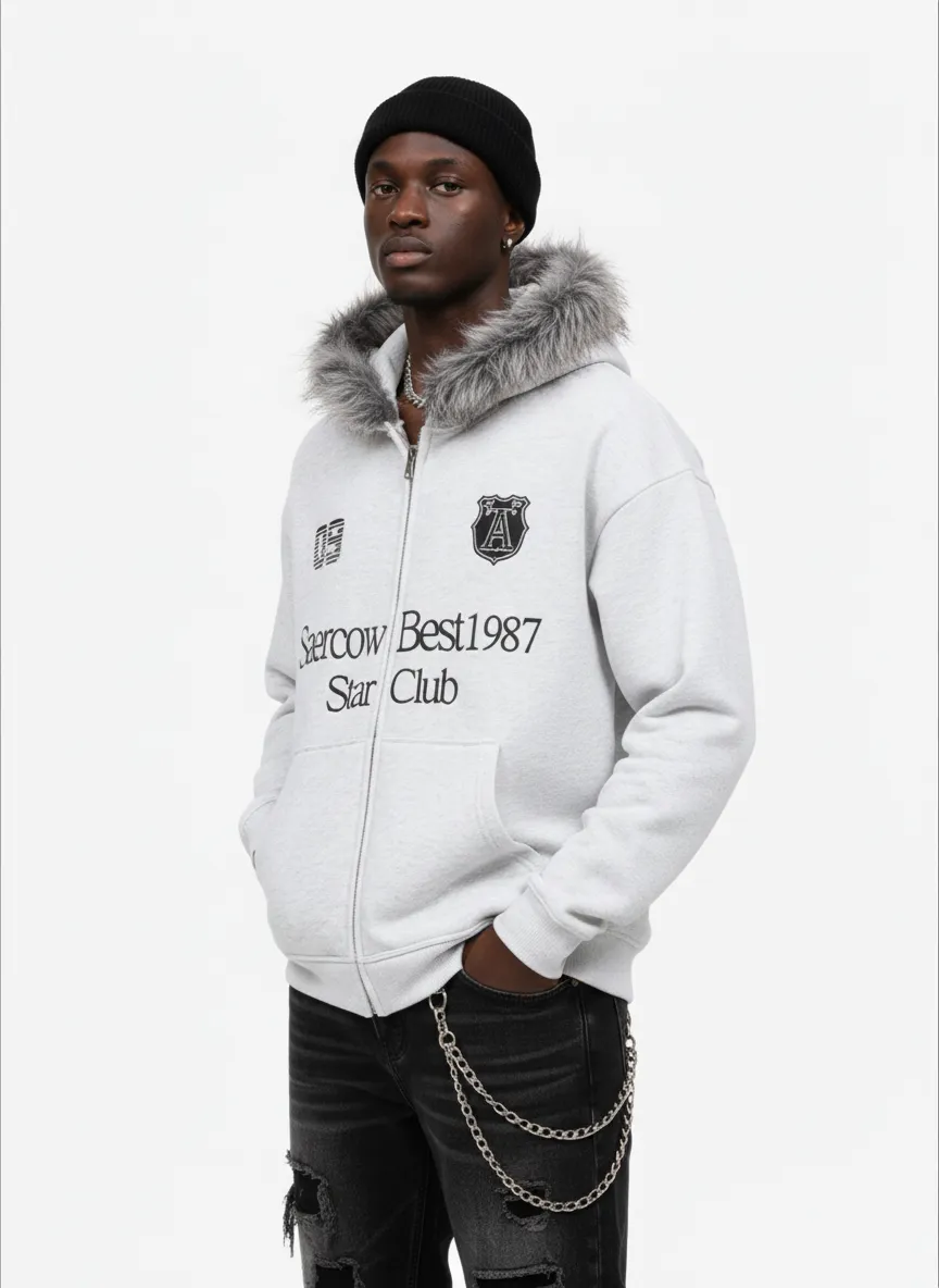 Letter Medal Embroidered Cardigan Fur Collar Zip Up Hoodie- 2502 sold by Thesupermade product image thumbnail 3