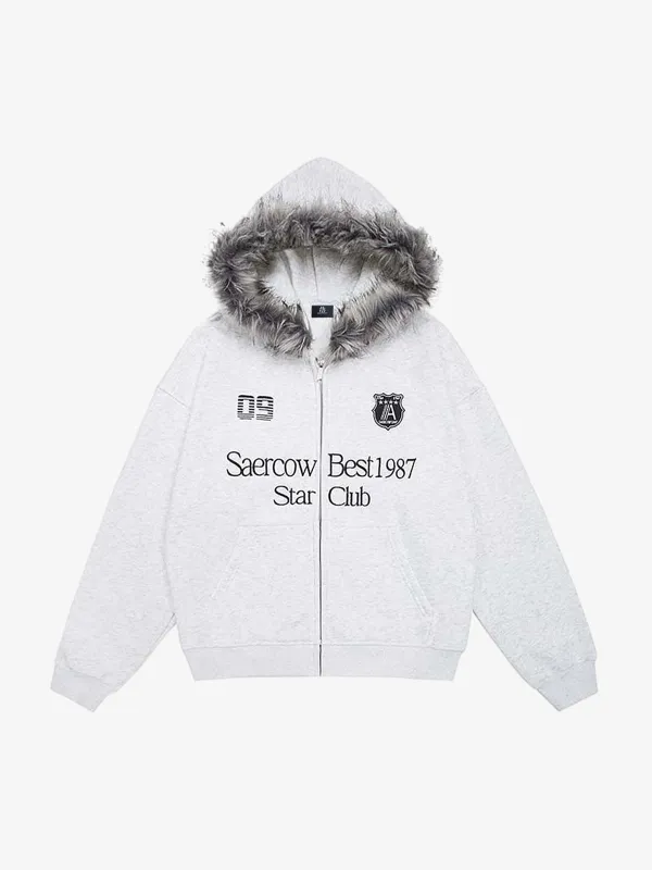 Letter Medal Embroidered Cardigan Fur Collar Zip Up Hoodie- 2502 sold by Thesupermade