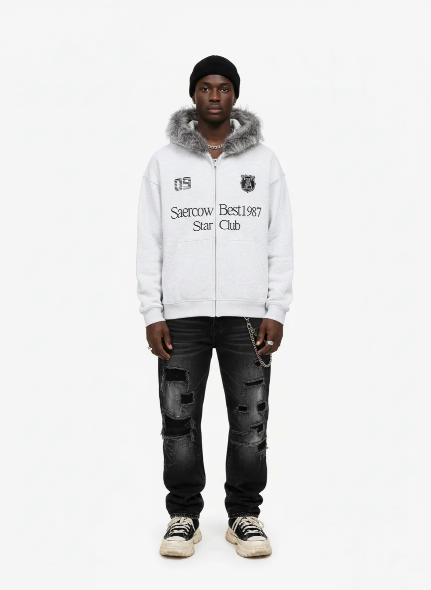 Letter Medal Embroidered Cardigan Fur Collar Zip Up Hoodie- 2502 sold by Thesupermade product image thumbnail 4