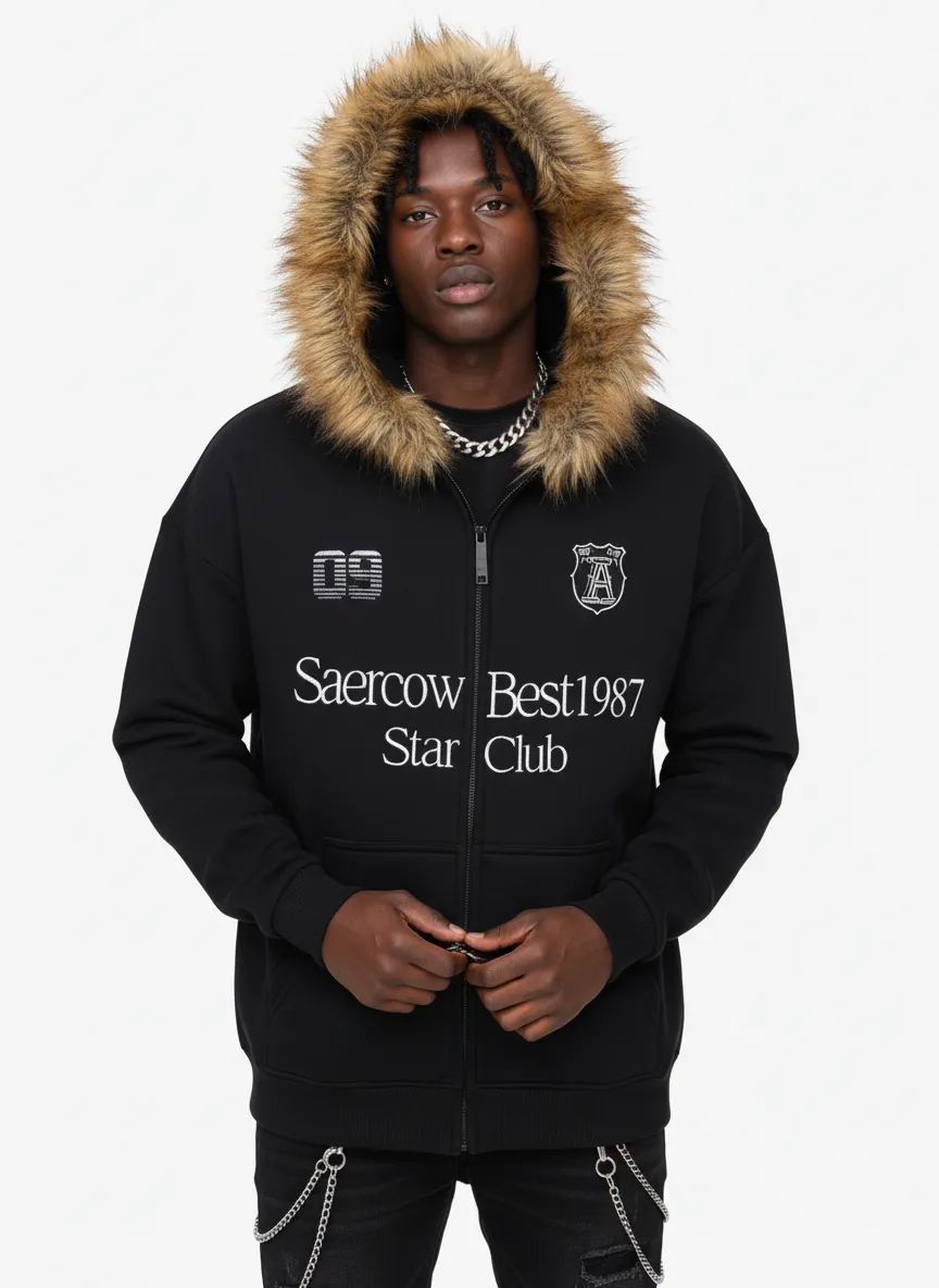 Letter Medal Embroidered Cardigan Fur Collar Zip Up Hoodie- 2502 sold by Thesupermade product image thumbnail 5