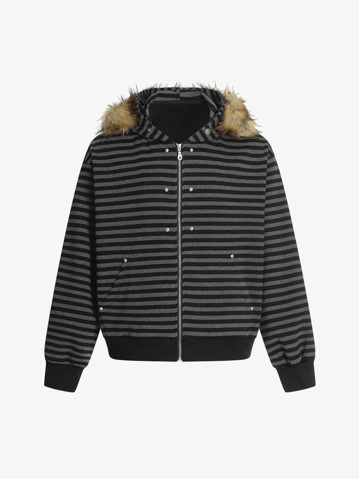 Detachable Fur Collar Striped Zip Up Hoodie sold by Thesupermade