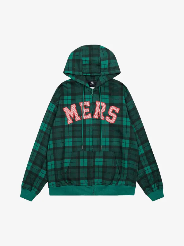 Retro Plaid Patch Embroidered Cardigan Zip Up Hoodie sold by Thesupermade