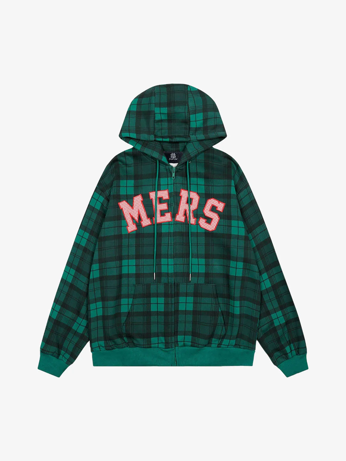 Retro Plaid Patch Embroidered Cardigan Zip Up Hoodie sold by Thesupermade