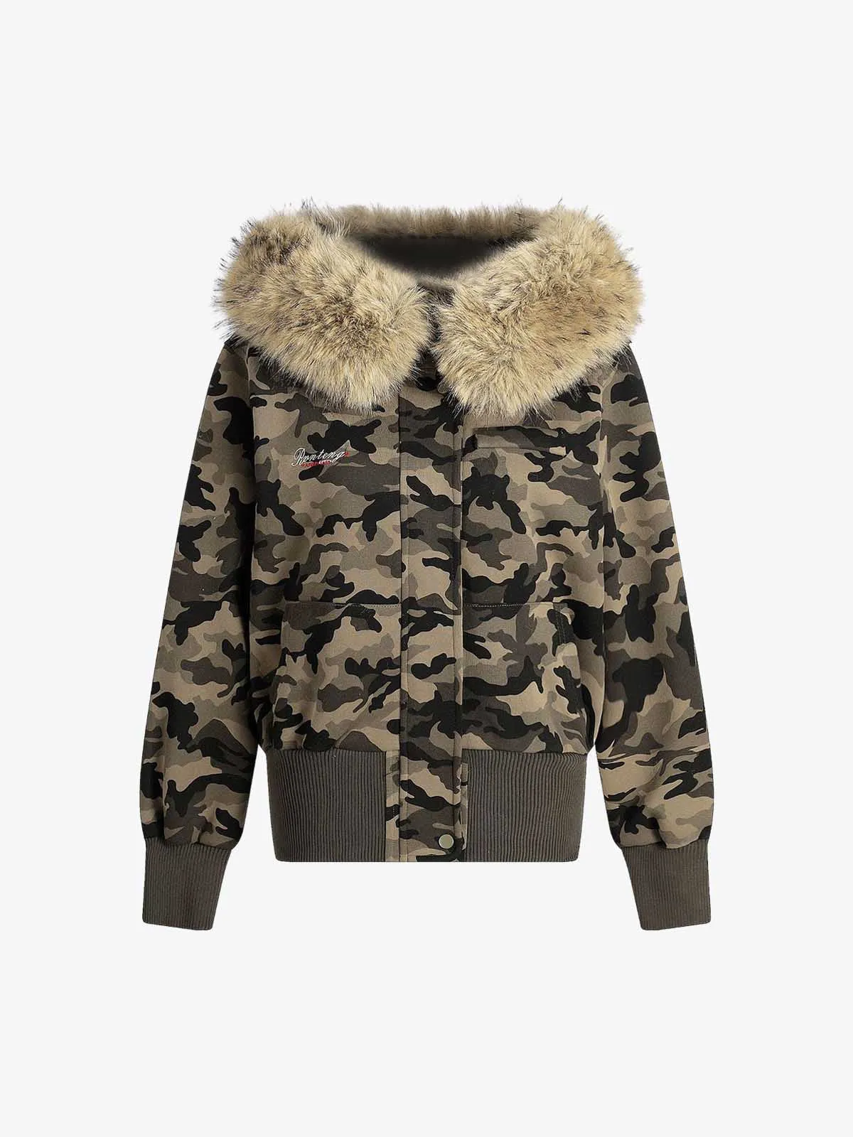 Camouflage Embroidery Patchwork Cardigan Fur Collar Jacket sold by Thesupermade