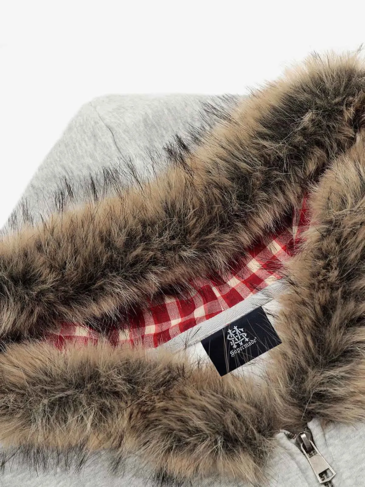 Retro Gradient Letter Print Splicing Cardigan Fur Collar Zip Up Hoodie sold by Thesupermade product image thumbnail 5