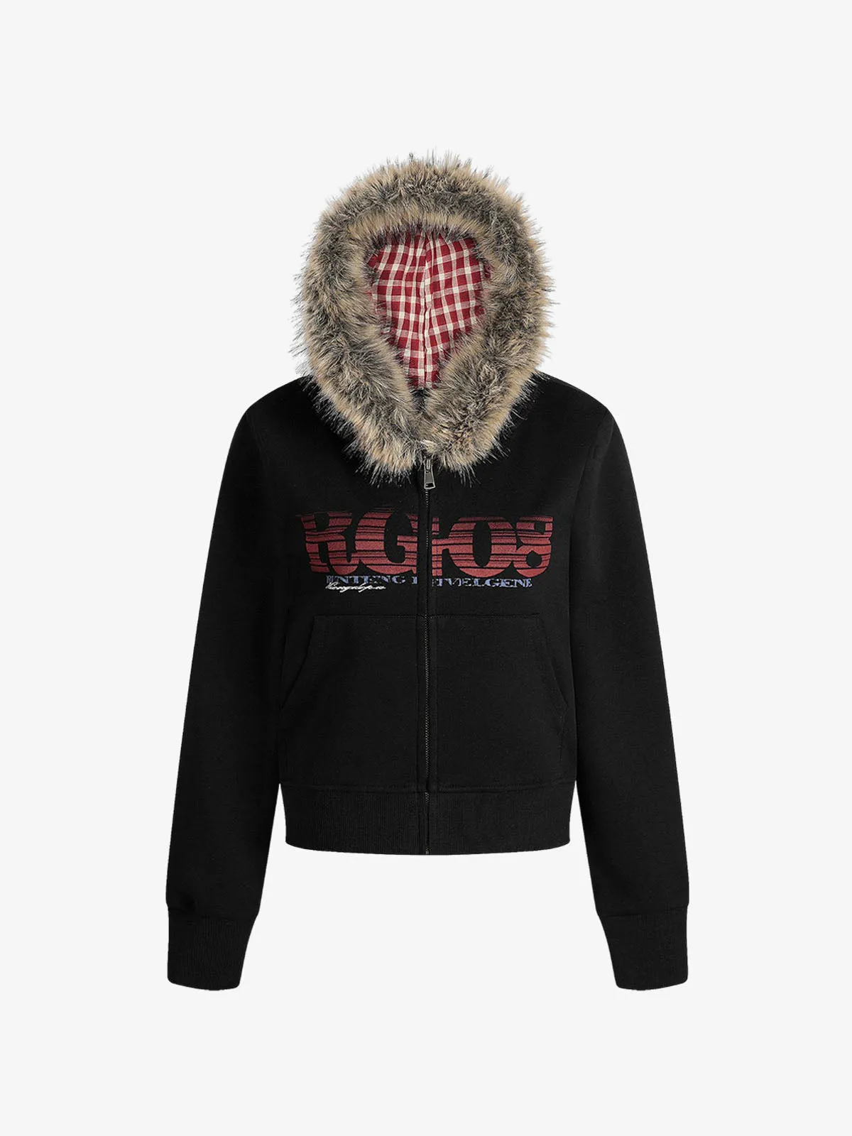 Retro Gradient Letter Print Splicing Cardigan Fur Collar Zip Up Hoodie sold by Thesupermade product image thumbnail 2