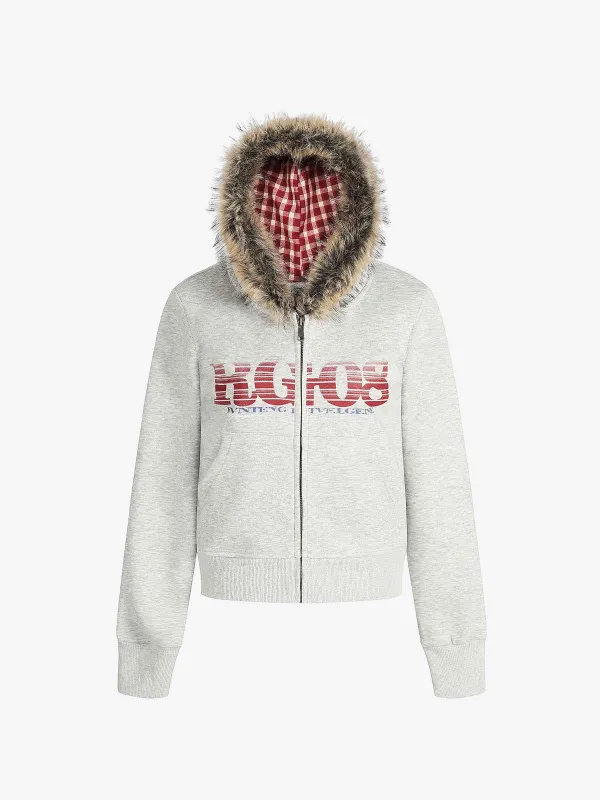 Retro Gradient Letter Print Splicing Cardigan Fur Collar Zip Up Hoodie sold by Thesupermade