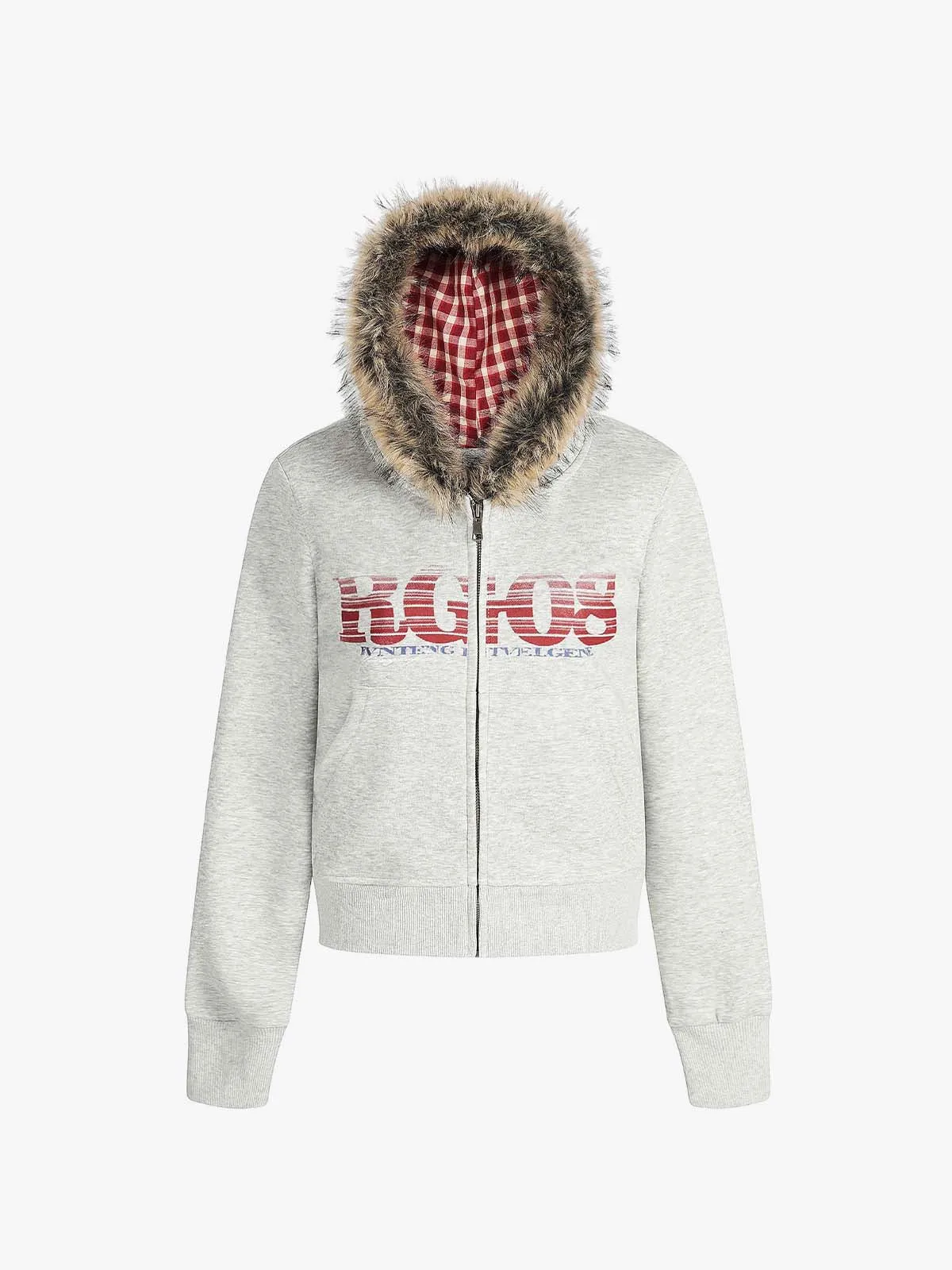 Retro Gradient Letter Print Splicing Cardigan Fur Collar Zip Up Hoodie sold by Thesupermade