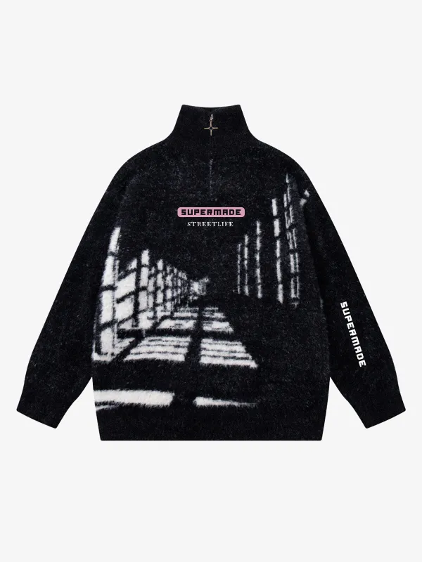 Oversized Mock Neck Zip Jacquard Knit Sweater sold by Thesupermade