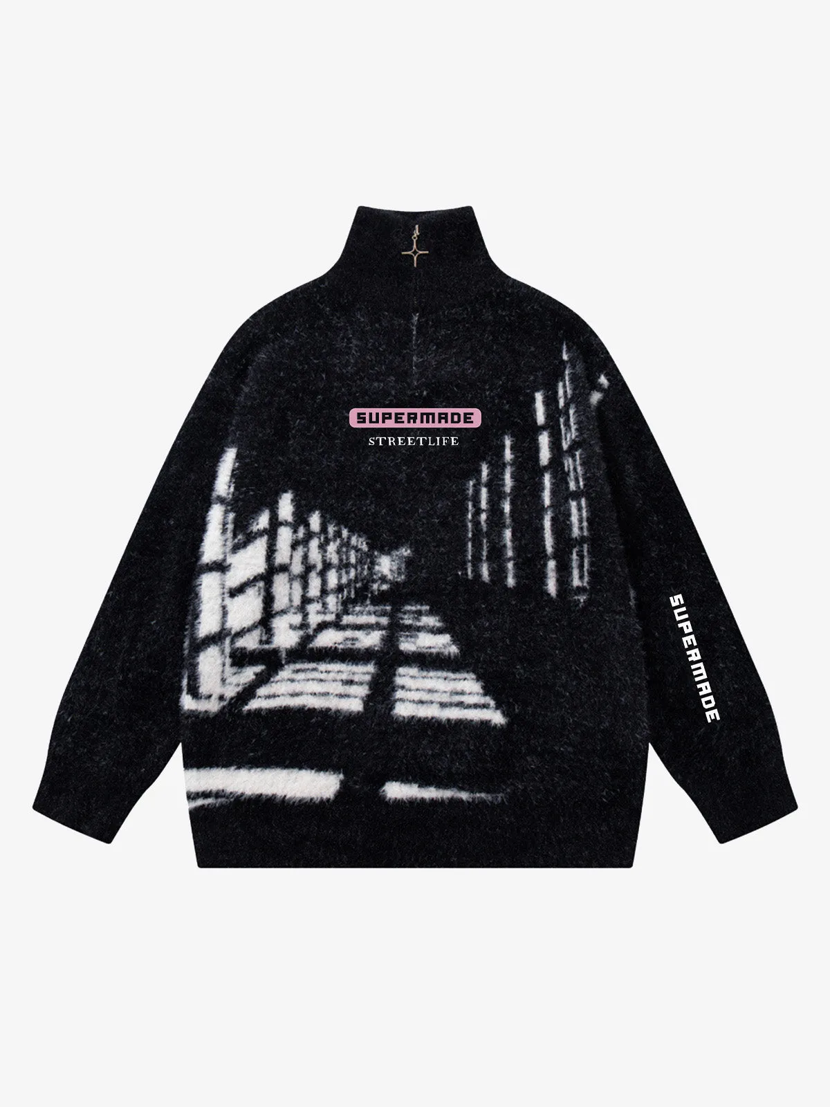 Oversized Mock Neck Zip Jacquard Knit Sweater sold by Thesupermade