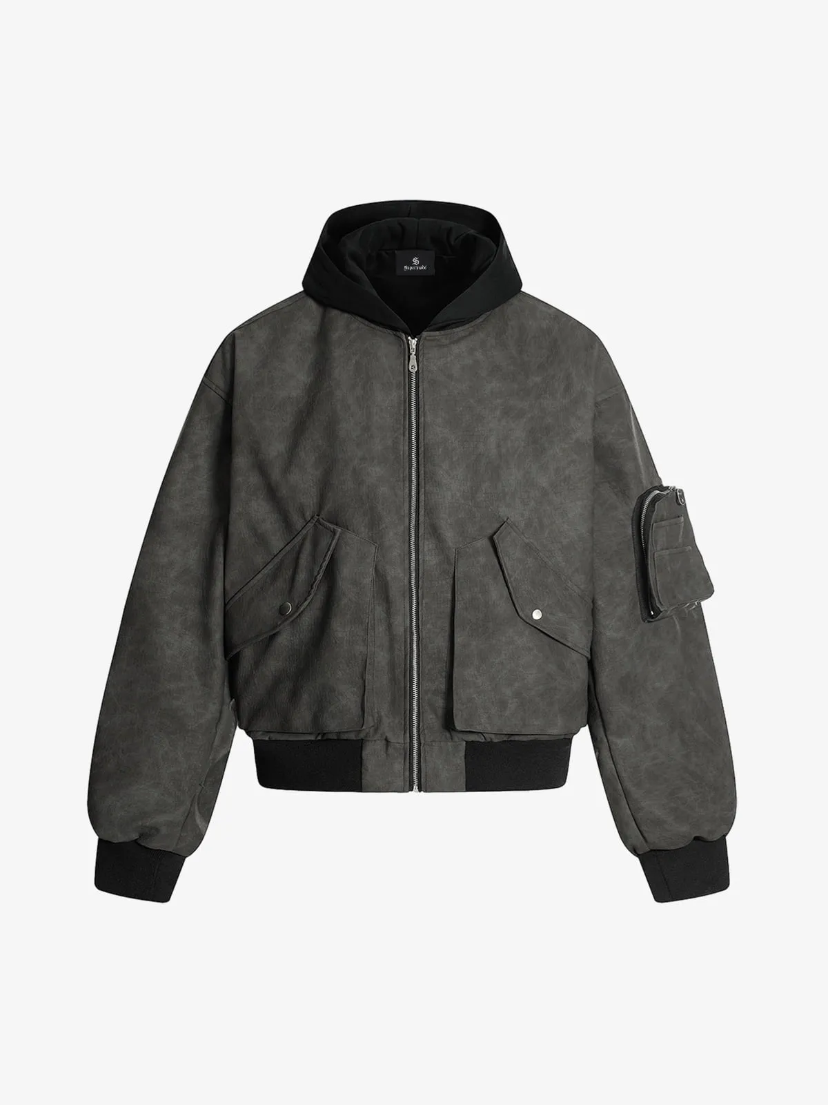 Patchwork Faux Leather Hooded Two-Piece Jacket sold by Thesupermade