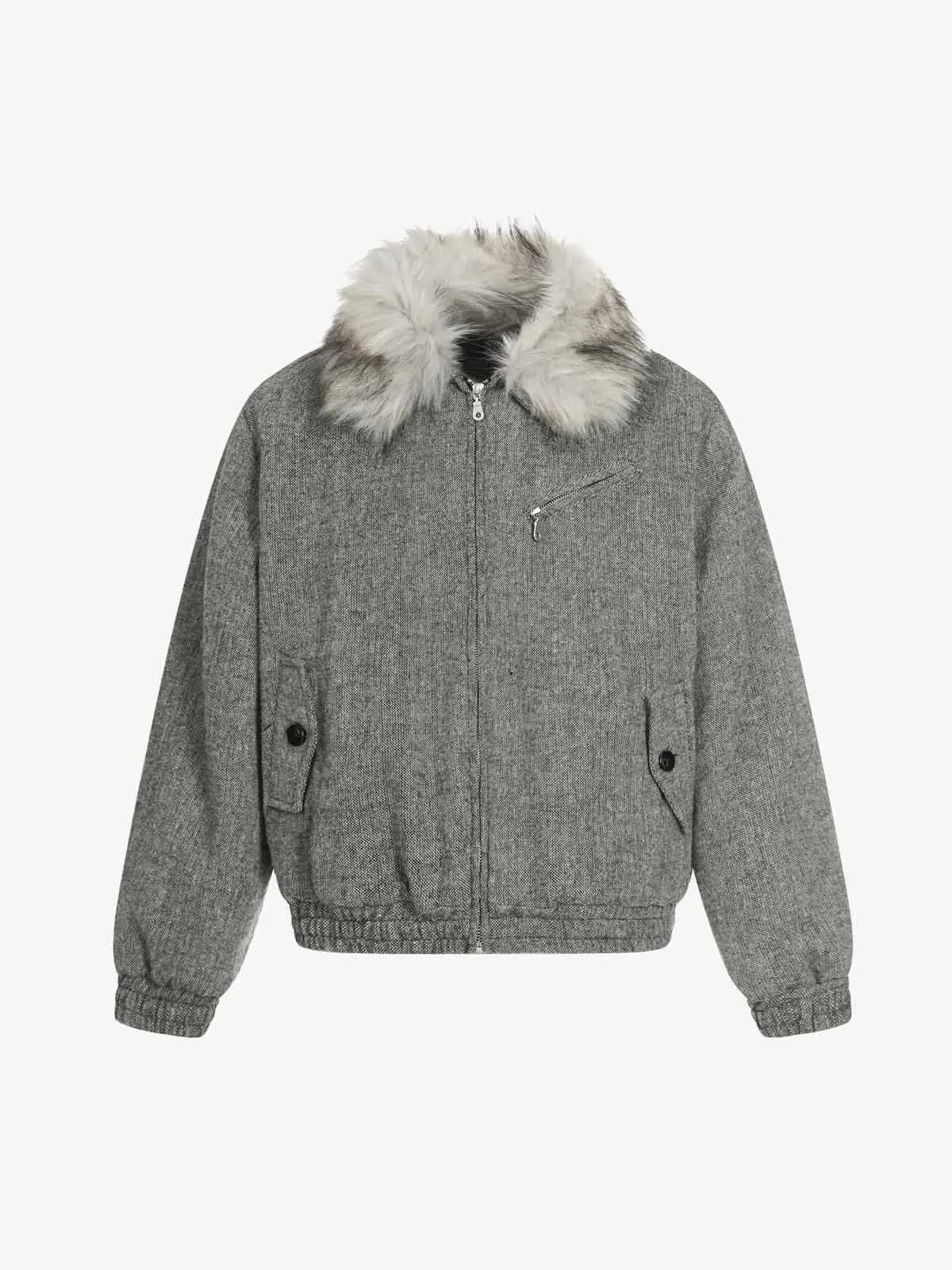 Retro Faux Fur Collar Wool Textured Zip Up Bomber Jacket sold by Thesupermade product image thumbnail 2