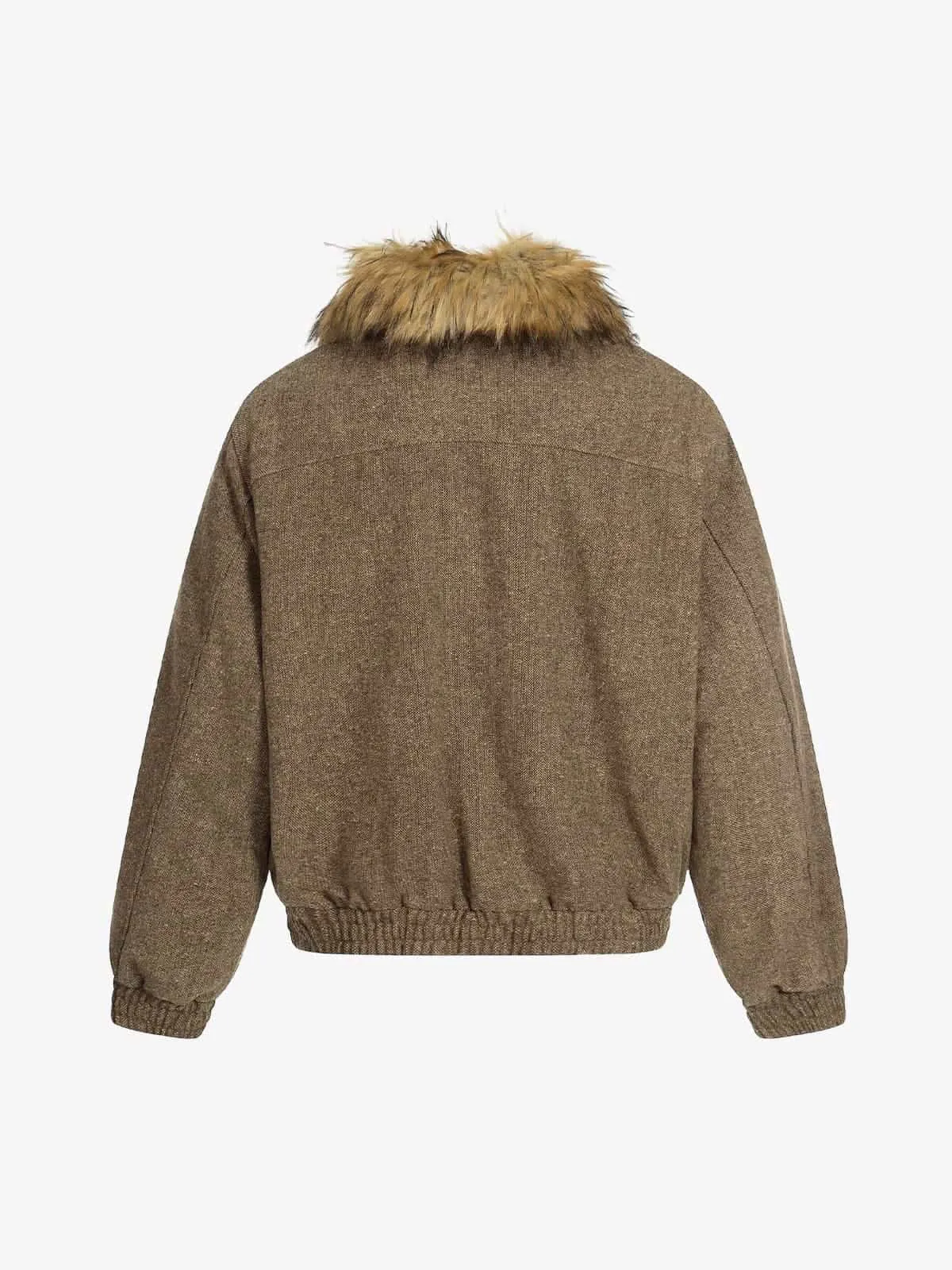 Retro Faux Fur Collar Wool Textured Zip Up Bomber Jacket sold by Thesupermade product image thumbnail 3