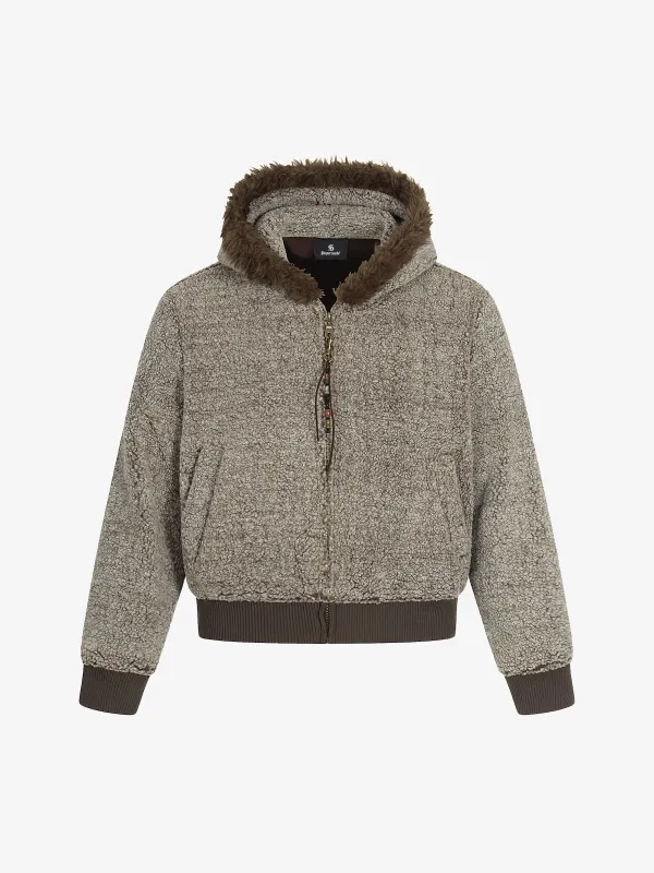 Vintage Faux Shearling Hooded Fleece Zip Up Bomber Jacket sold by Thesupermade