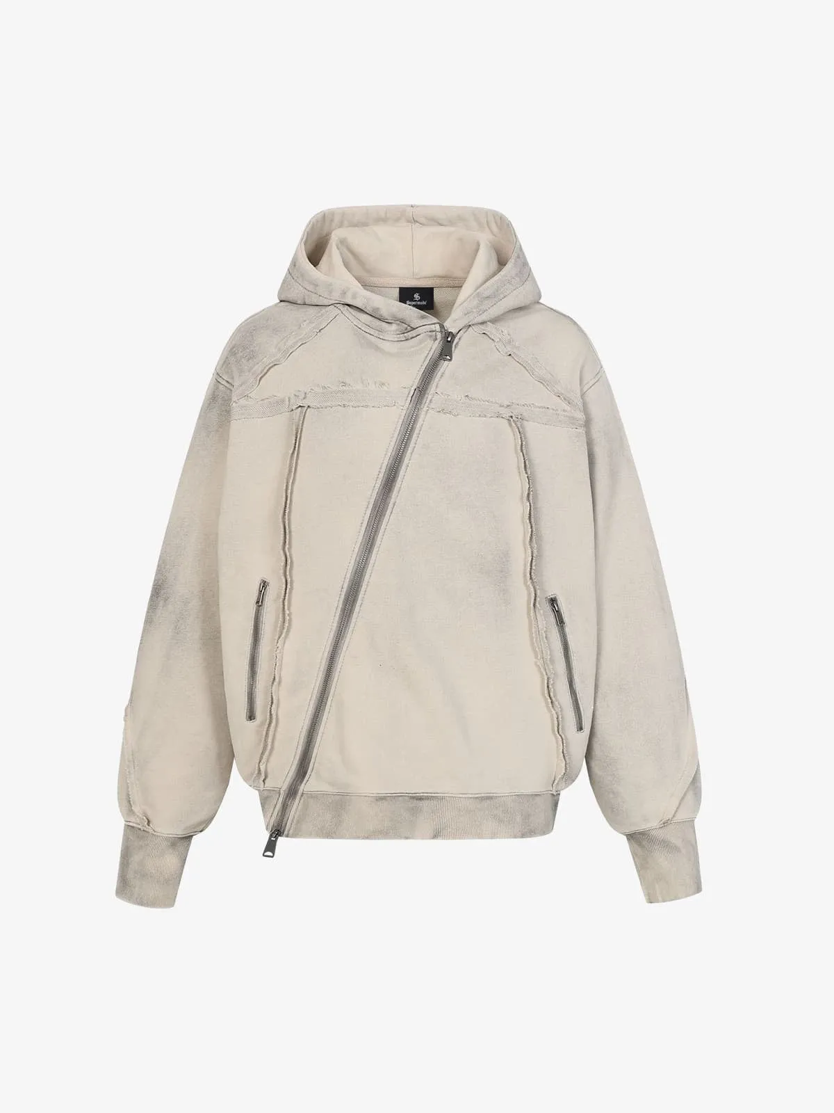 Retro Asymmetric Zip Up Deconstructed Hoodie sold by Thesupermade