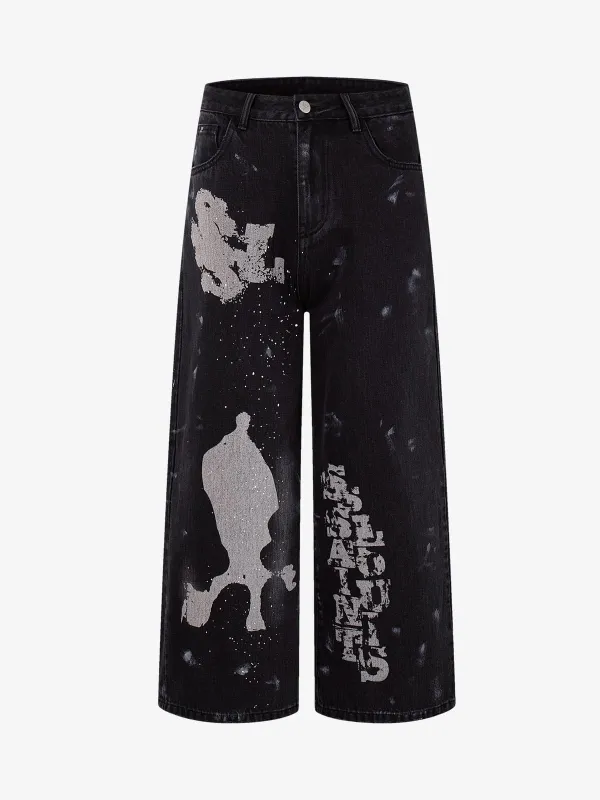 Retro Rhinestone Graffiti Washed Straight Jeans sold by Thesupermade