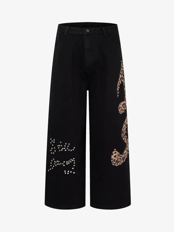 Retro Rhinestone Leopard Patch Music Note Straight Jeans sold by Thesupermade