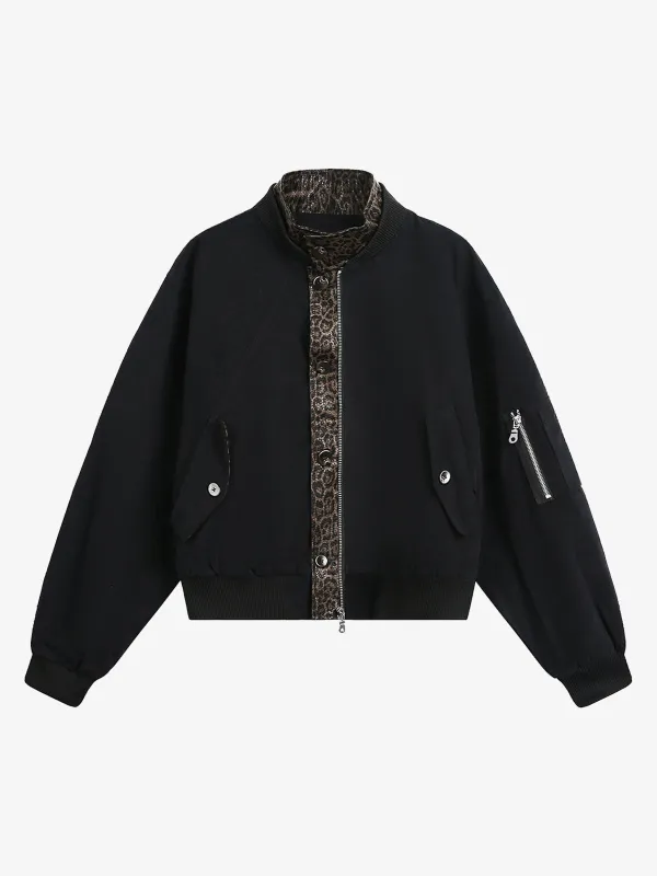 Retro Leopard PU Patchwork Faux Layered Jacket sold by Thesupermade