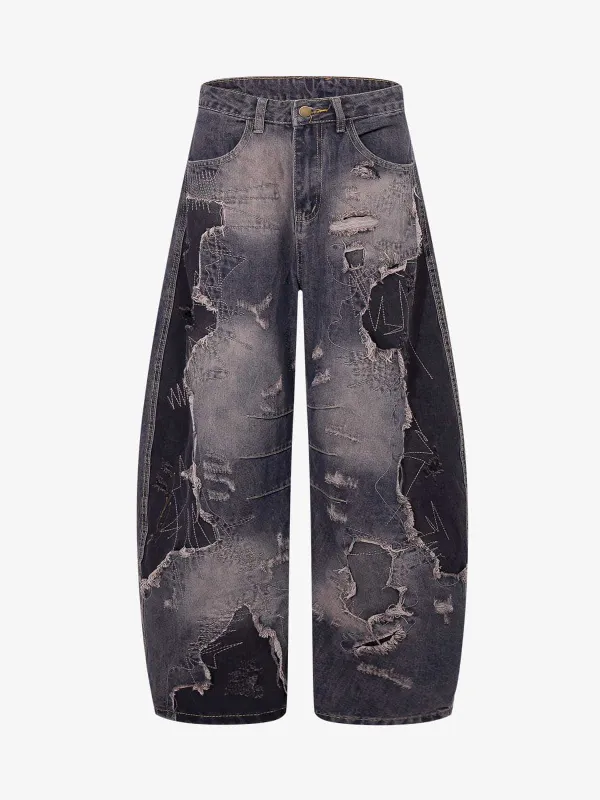 Vintage Washed Patchwork Distressed Barrel Jeans sold by Thesupermade