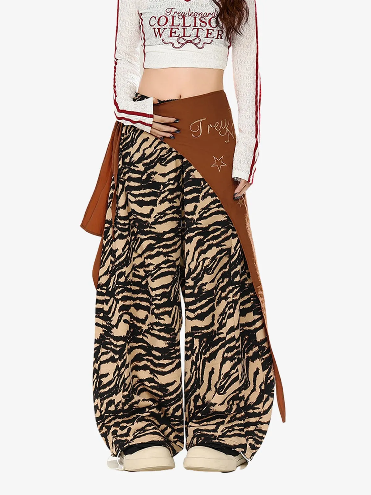 Retro Zebra Print Asymmetric Draped Patchwork Barrel Pants sold by Thesupermade product image thumbnail 2