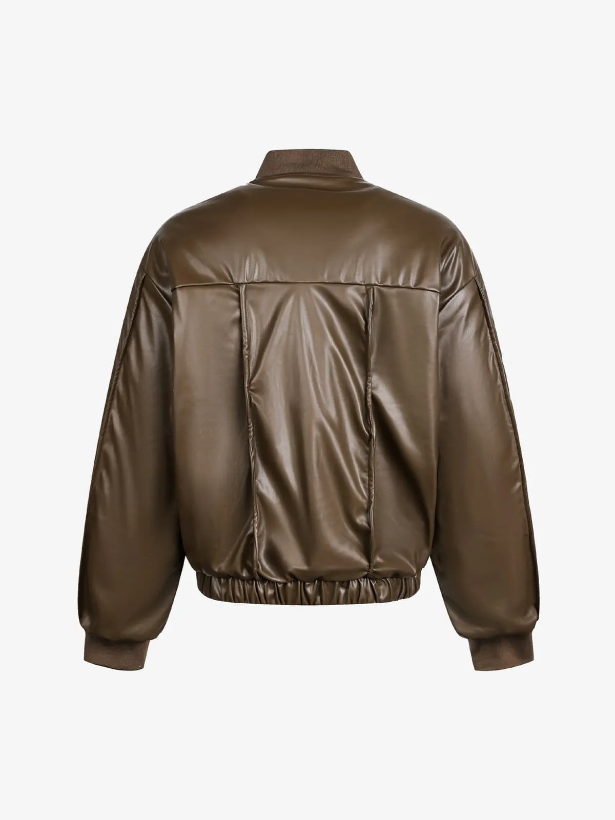 Retro Brown Faux Leather Zip-Up Bomber Jacket sold by Thesupermade product image thumbnail 5