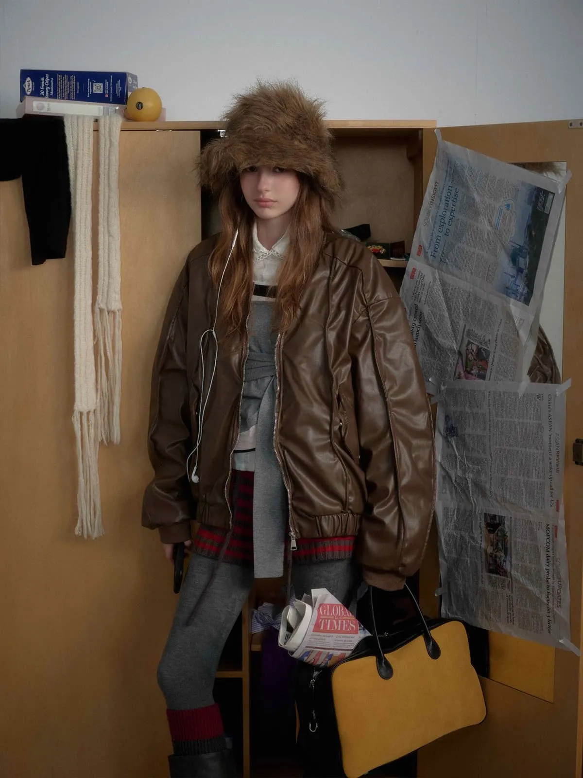 Retro Brown Faux Leather Zip-Up Bomber Jacket sold by Thesupermade product image thumbnail 2