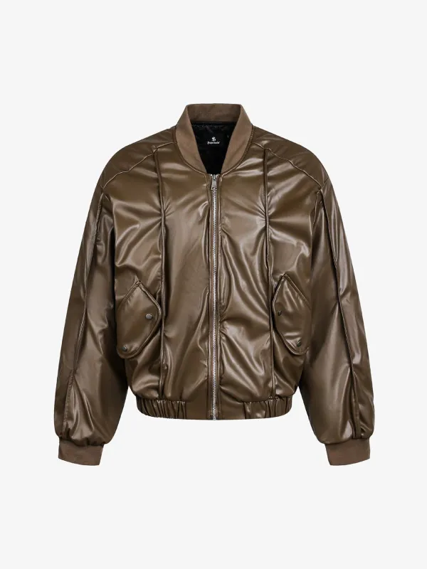 Retro Brown Faux Leather Zip-Up Bomber Jacket sold by Thesupermade