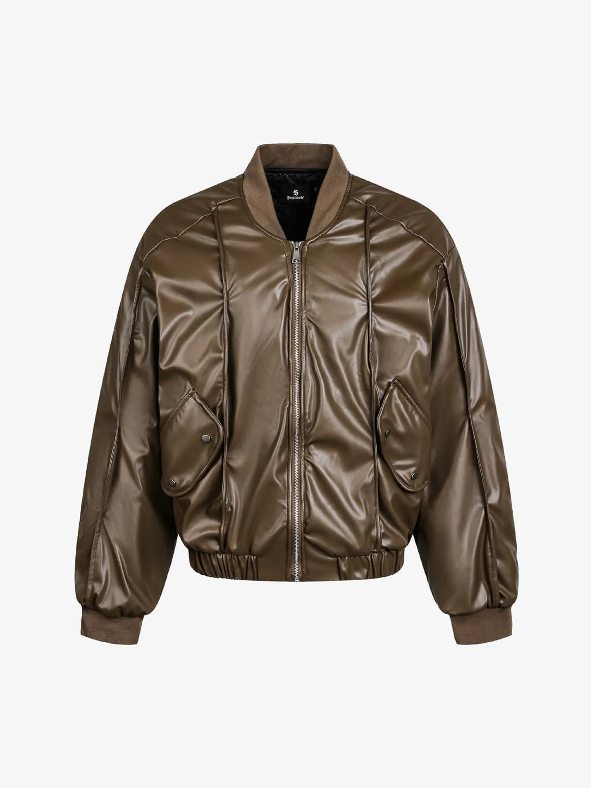 Retro Brown Faux Leather Zip-Up Bomber Jacket sold by Thesupermade