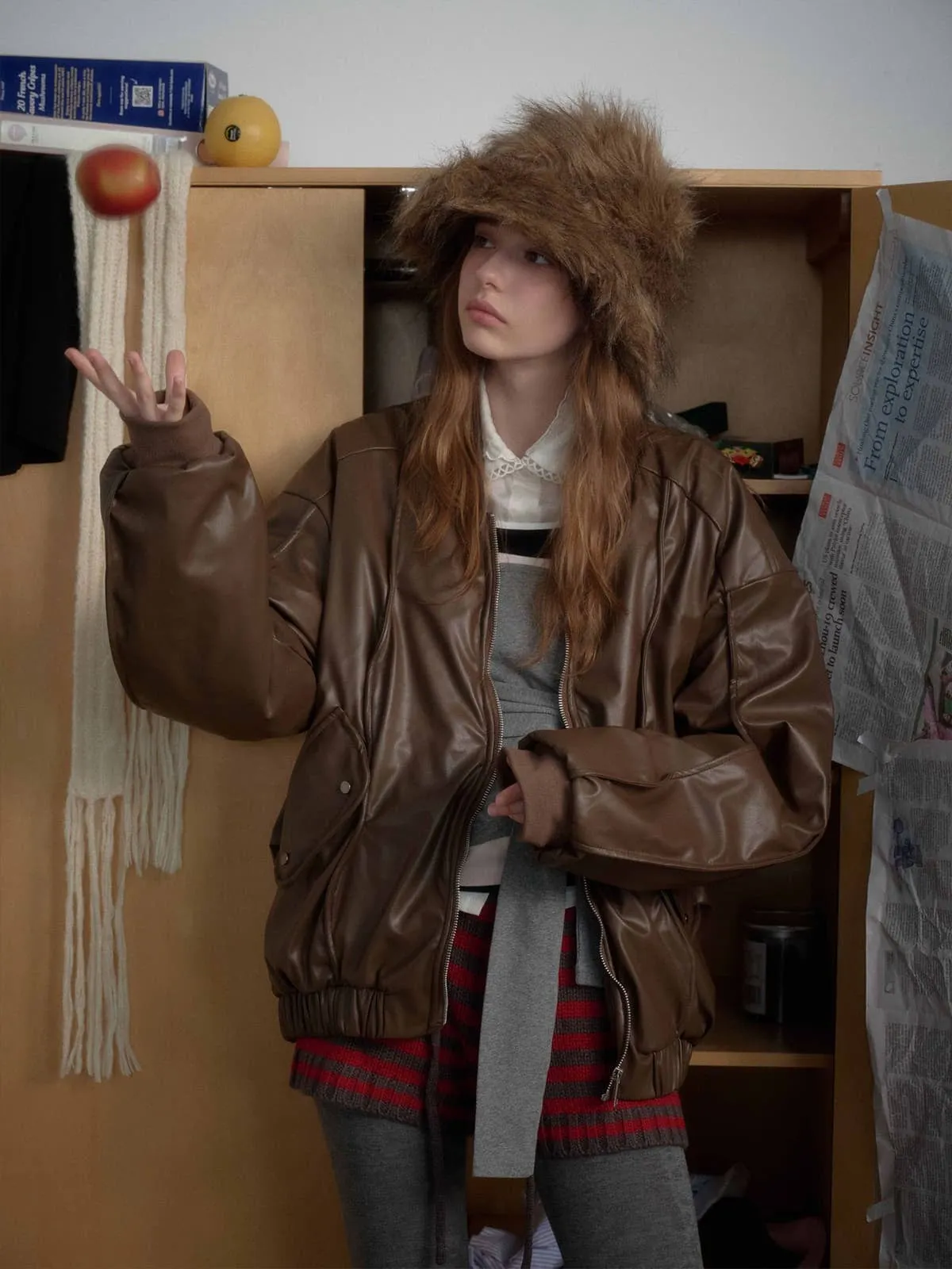 Retro Brown Faux Leather Zip-Up Bomber Jacket sold by Thesupermade product image thumbnail 3