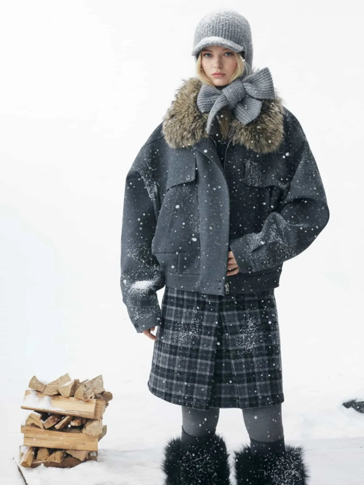 Retro Detachable Faux Fur Collar Washed Bomber Jacket sold by Thesupermade product image thumbnail 2