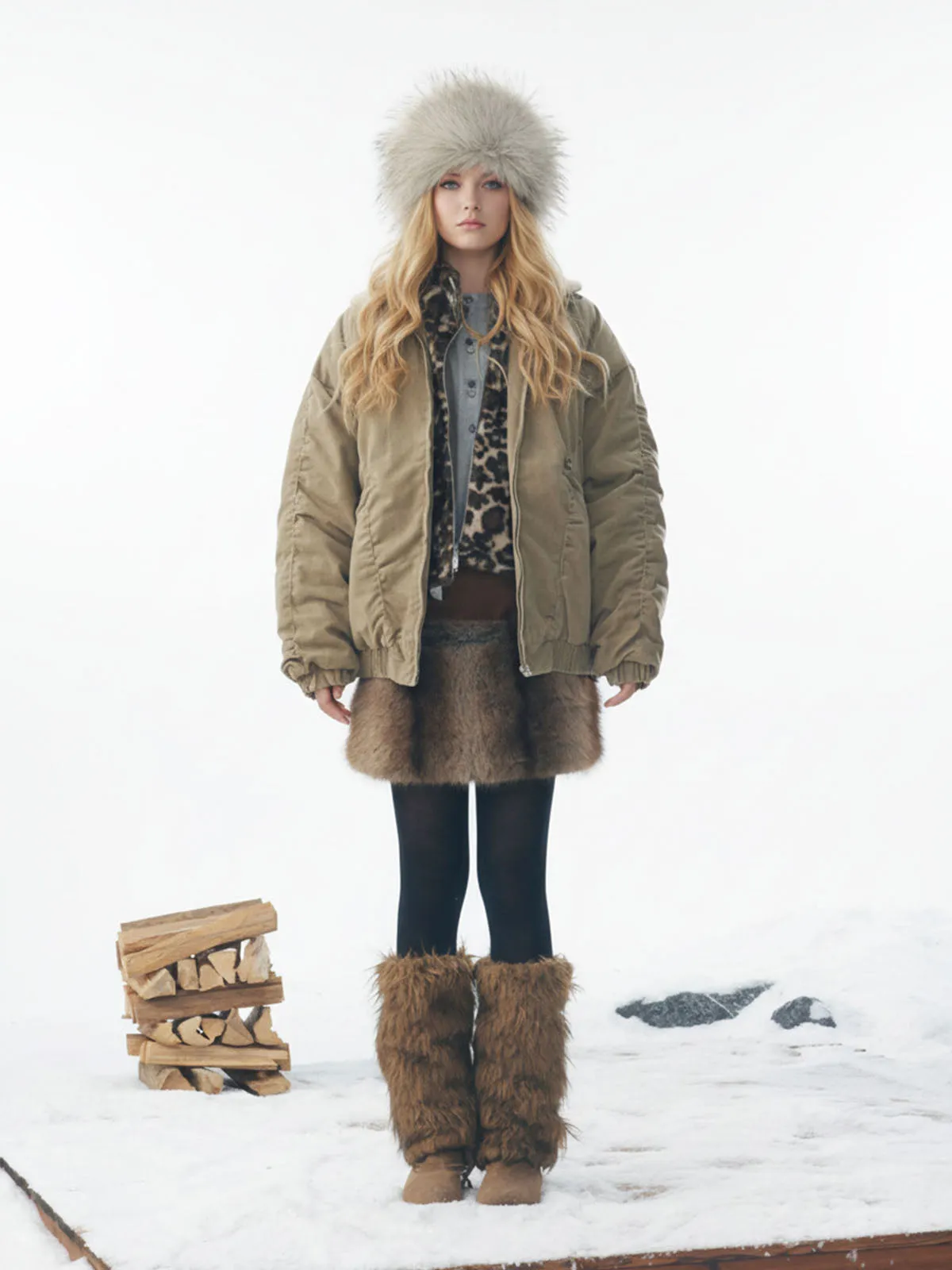 Vintage Washed Ruched Cotton Detachable Fur Collar Bomber Jacket sold by Thesupermade product image thumbnail 5