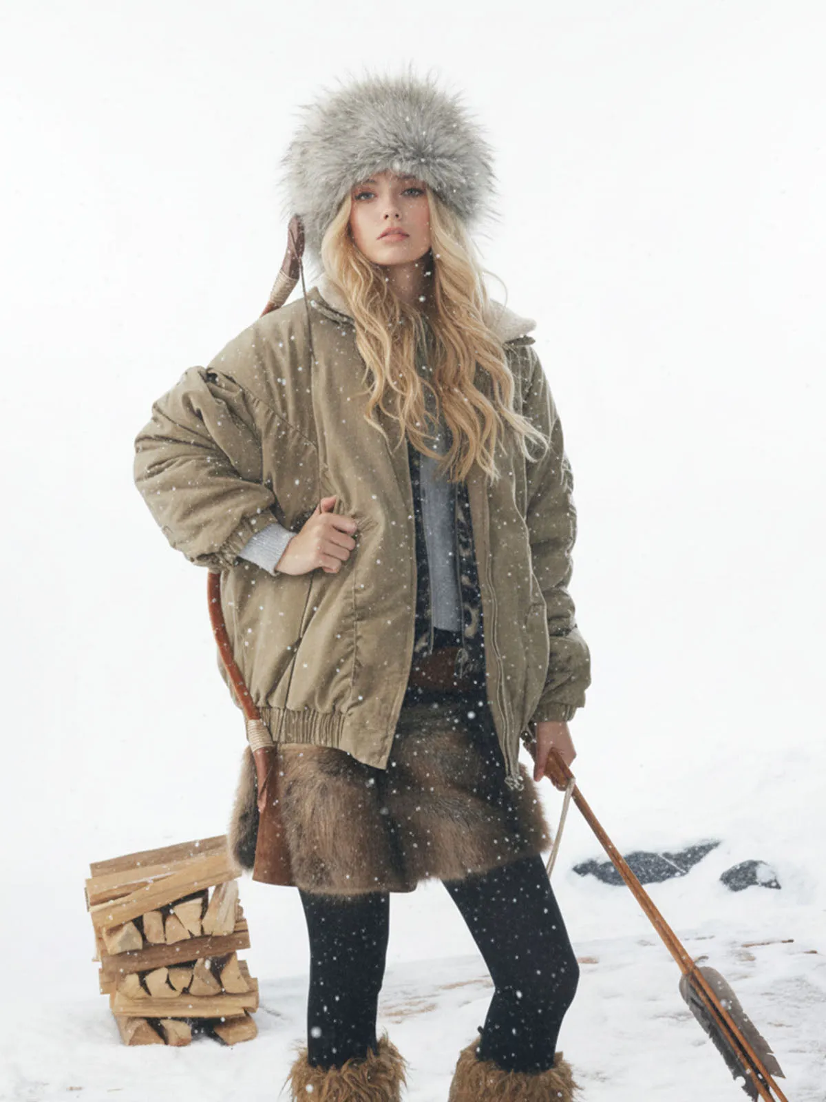 Vintage Washed Ruched Cotton Detachable Fur Collar Bomber Jacket sold by Thesupermade product image thumbnail 4