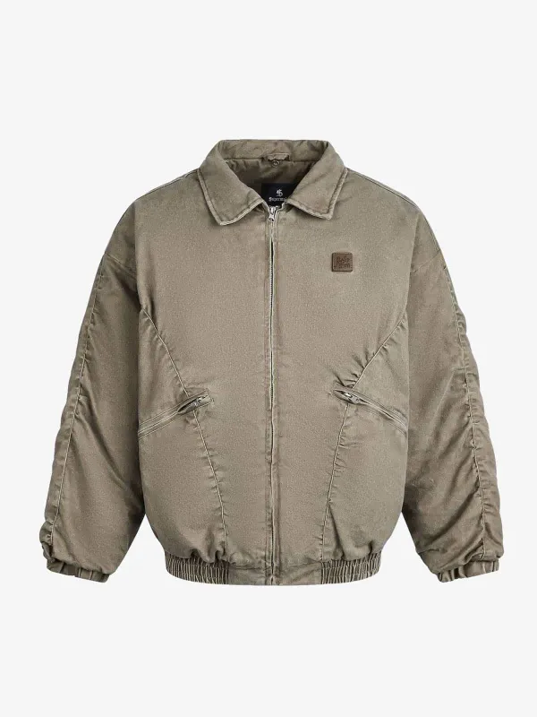 Vintage Washed Ruched Cotton Detachable Fur Collar Bomber Jacket sold by Thesupermade