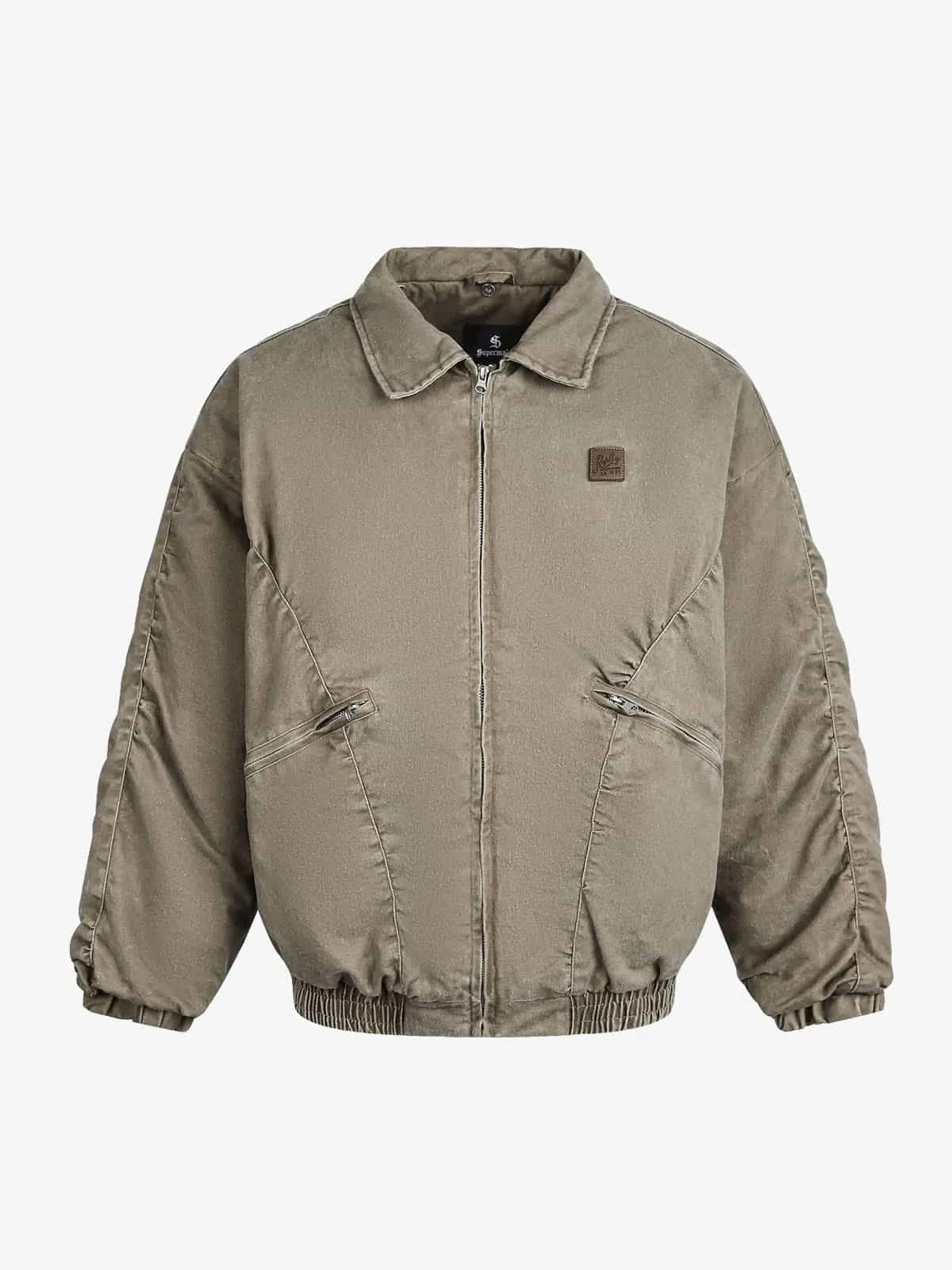 Vintage Washed Ruched Cotton Detachable Fur Collar Bomber Jacket sold by Thesupermade