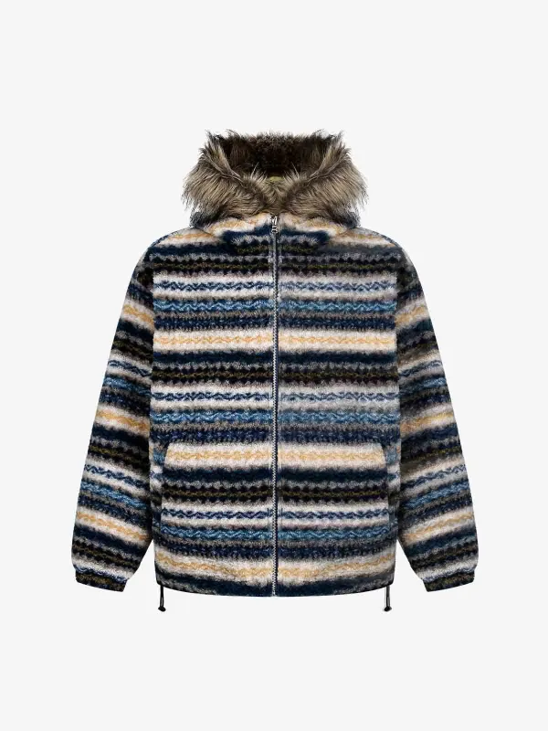 Retro Striped Reversible Faux Sheepskin Collar Jacket sold by Thesupermade