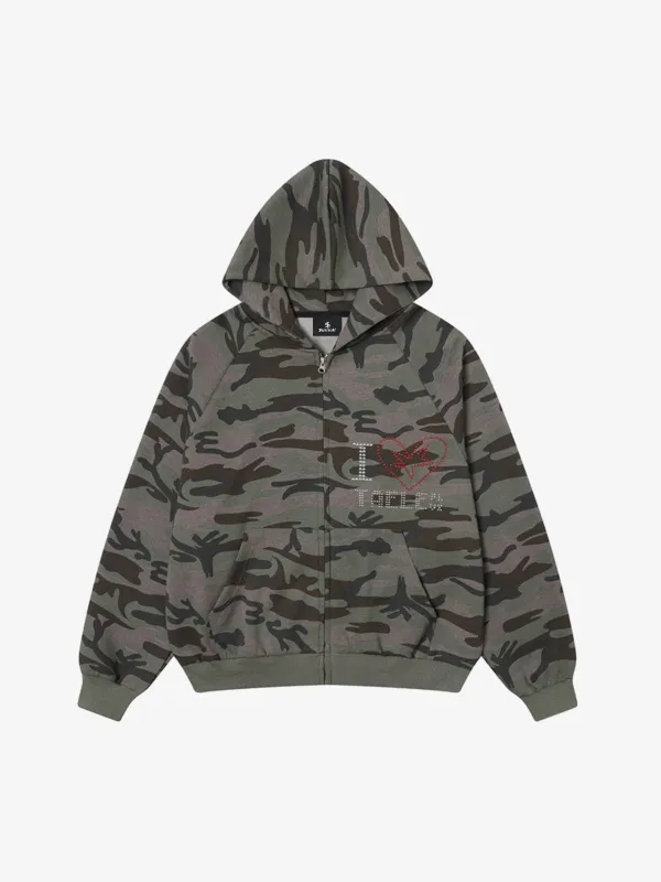 Street Camouflage Rhinestone Letter Zip Up Hoodie sold by Thesupermade