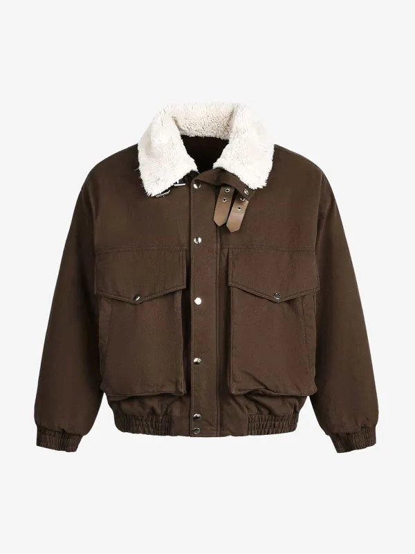 Retro Brown Corduroy Faux Fur Collar Buckle Bomber Jacket sold by Thesupermade