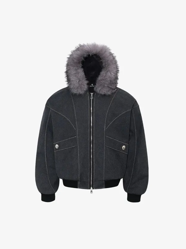 Retro Detachable Faux Fur Hood Zip-Up Bomber Jacket sold by Thesupermade