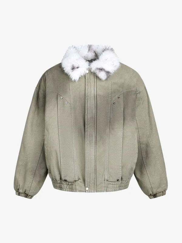 Vintage Washed Faux Fur Collar Padded Bomber Jacket sold by Thesupermade