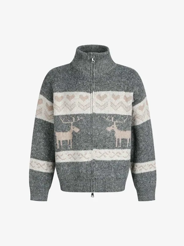 Retro Christmas Reindeer Pattern Zip-Up Knit Cardigan Sweater sold by Thesupermade