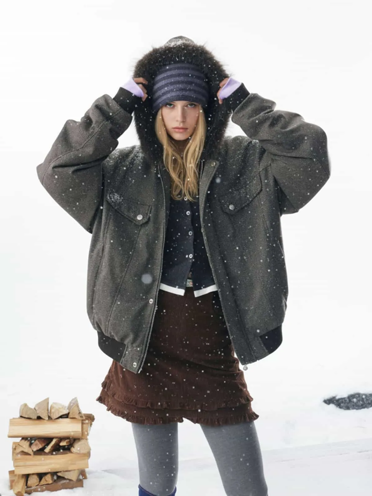 Retro Plaid Textured Faux Fur Collar Padded Bomber Jacket sold by Thesupermade product image thumbnail 5