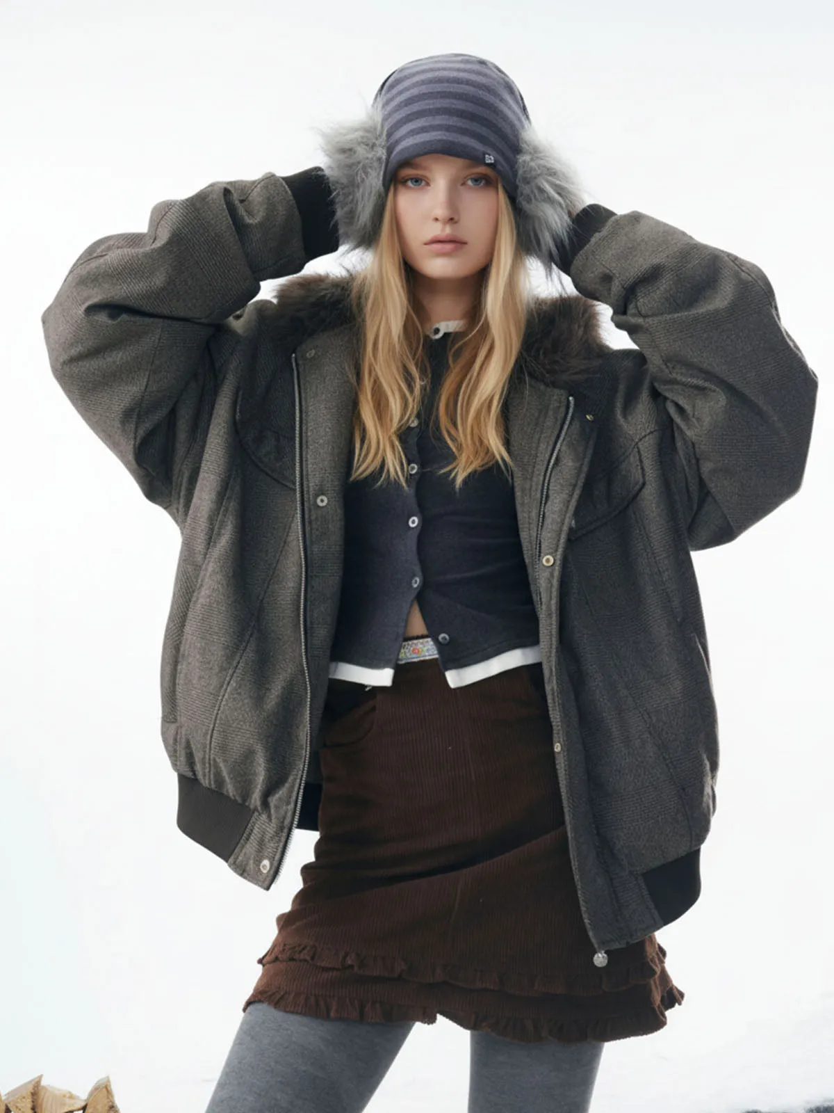 Retro Plaid Textured Faux Fur Collar Padded Bomber Jacket sold by Thesupermade product image thumbnail 2