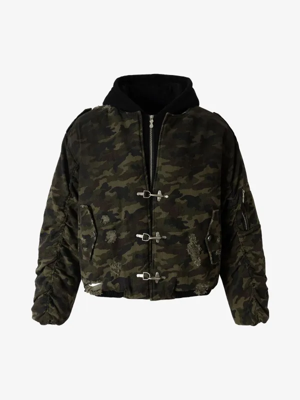 Retro Camouflage Faux Layered Metal Buckle Padded Jacket sold by Thesupermade
