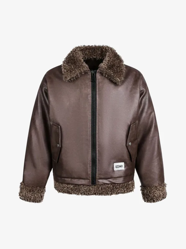 Vintage Brown Faux Fur Trim Faux Leather Padded Bomber Jacket sold by Thesupermade