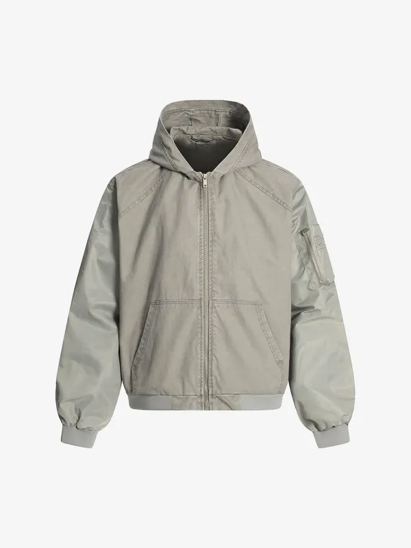 Vintage Washed Pleated Patchwork Hooded Bomber Jacket sold by Thesupermade