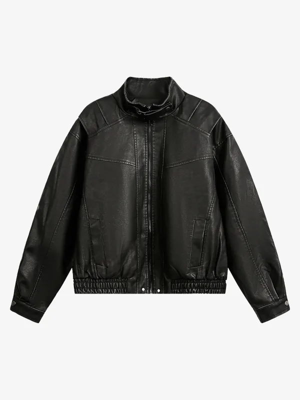 Retro Stand Collar PU Leather Bomber Jacket sold by Thesupermade
