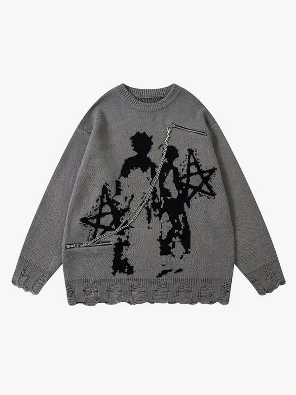Retro Shadow Figure Chain Zip Distressed Knit Sweater sold by Thesupermade