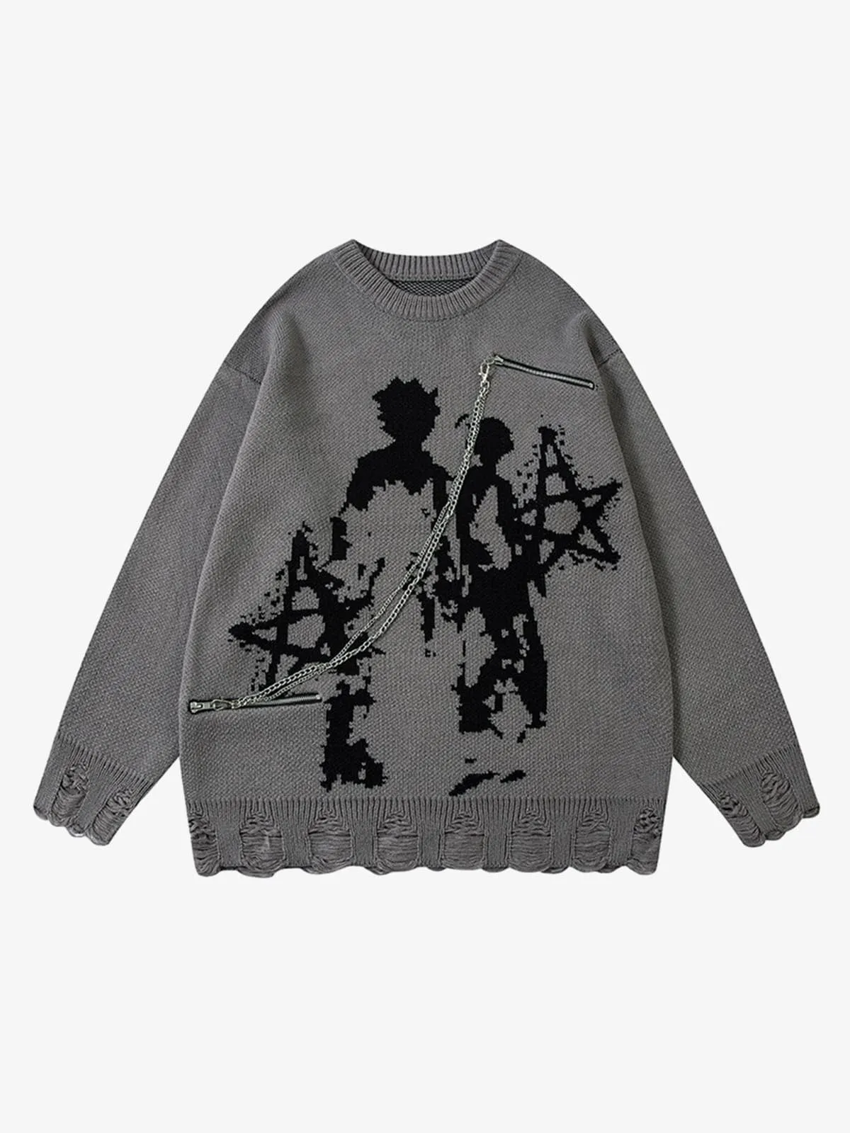 Retro Shadow Figure Chain Zip Distressed Knit Sweater sold by Thesupermade