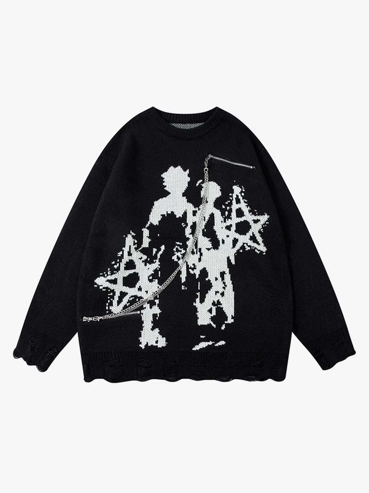 Retro Shadow Figure Chain Zip Distressed Knit Sweater sold by Thesupermade product image thumbnail 2