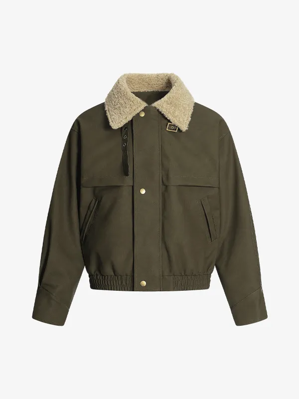 Retro Convertible Lamb Fur Collar PU Leather Bomber Jacket sold by Thesupermade